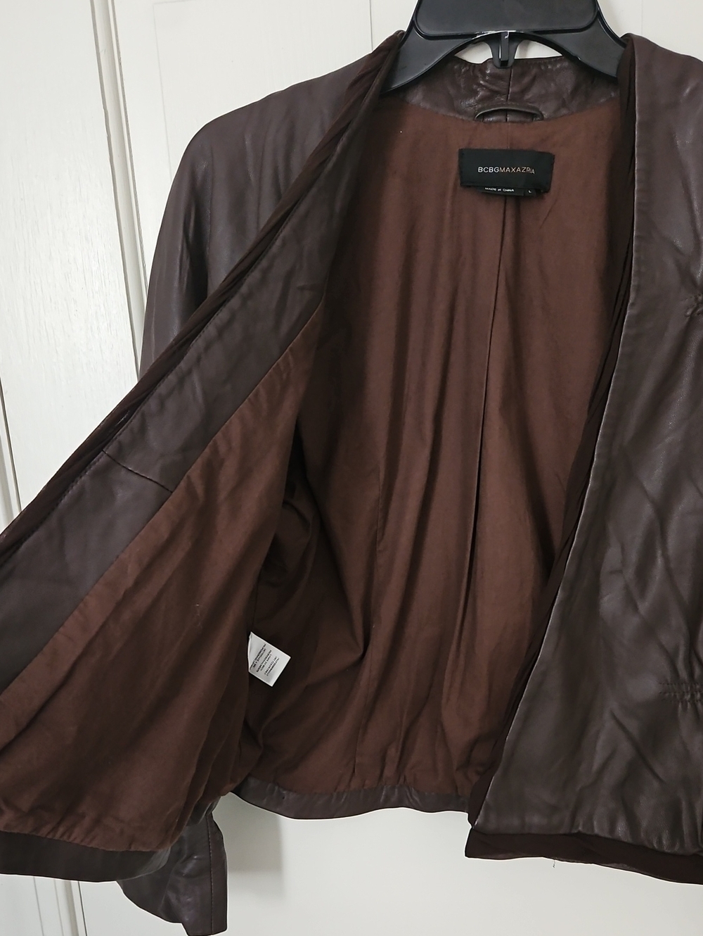 BCBG Max Azria Brown Leather Open-Front Jacket With Silk Trim - Picture 9 of 13